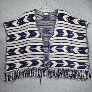 POL Sweater Womens Large Poncho Open Aztek Chenille Knit Fringe Blue Ivory Grey